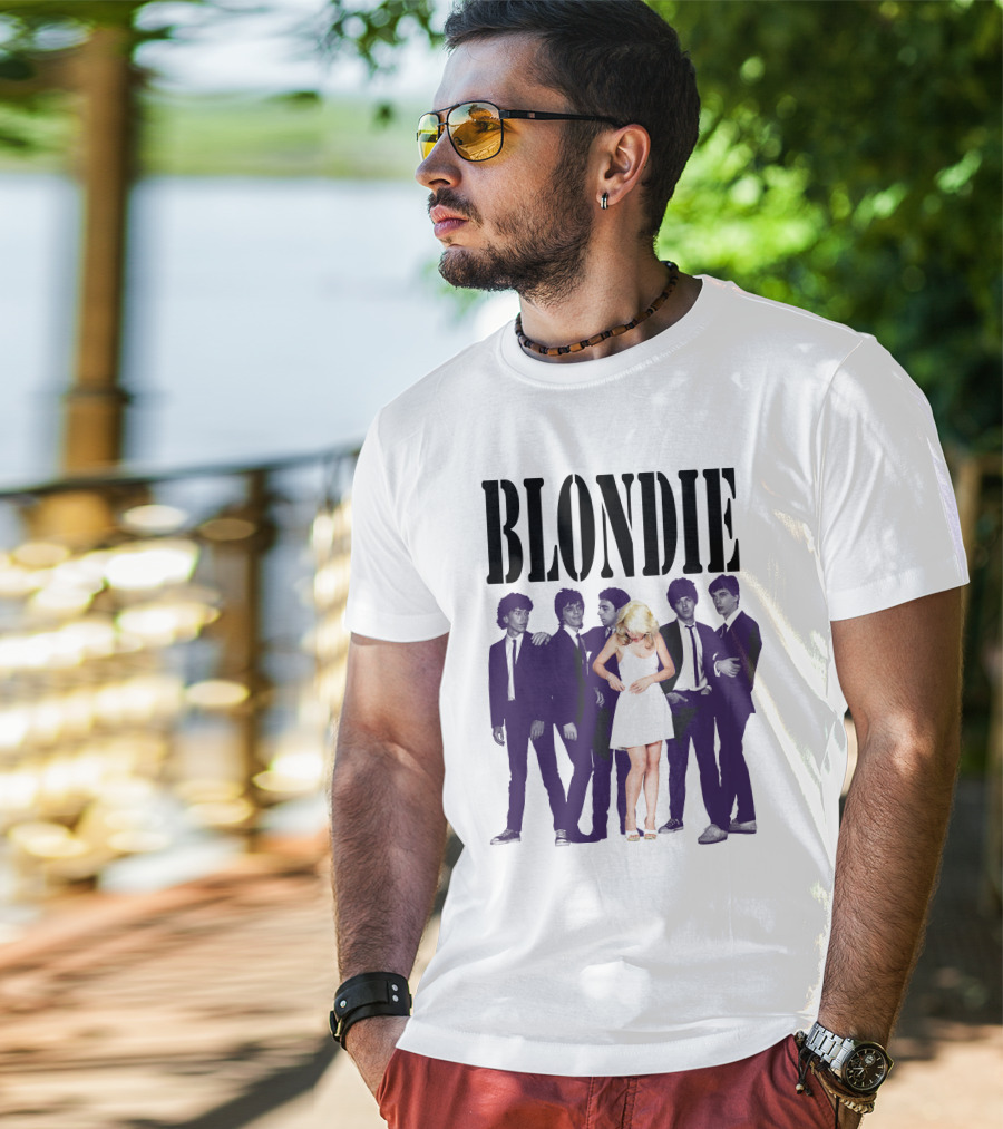 Blondie Band Classic Group Pose Black And White Borderline White Dress T-Shirt