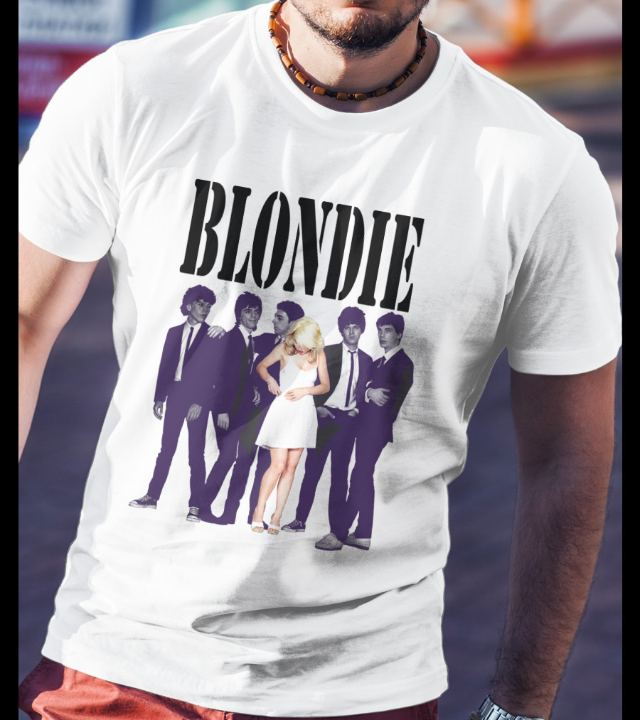 Blondie Band Classic Group Pose Black And White Borderline White Dress T-Shirt
