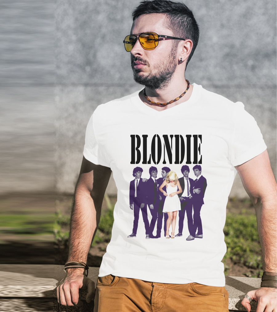 Blondie Band Classic Group Pose Black And White Borderline White Dress T-Shirt