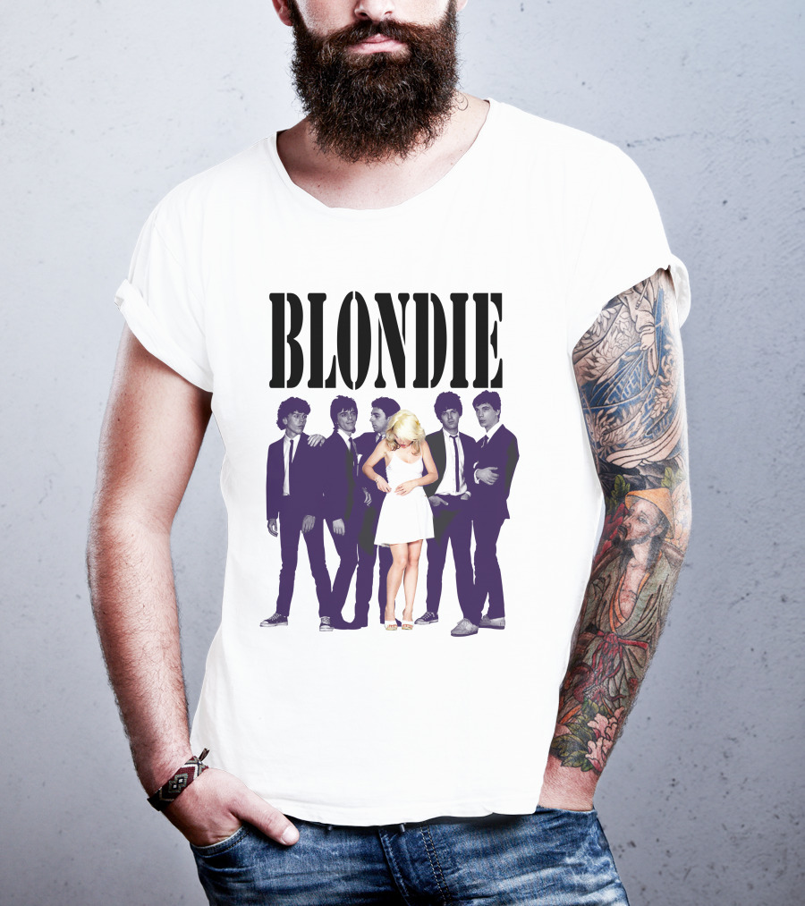 Blondie Band Classic Group Pose Black And White Borderline White Dress T-Shirt