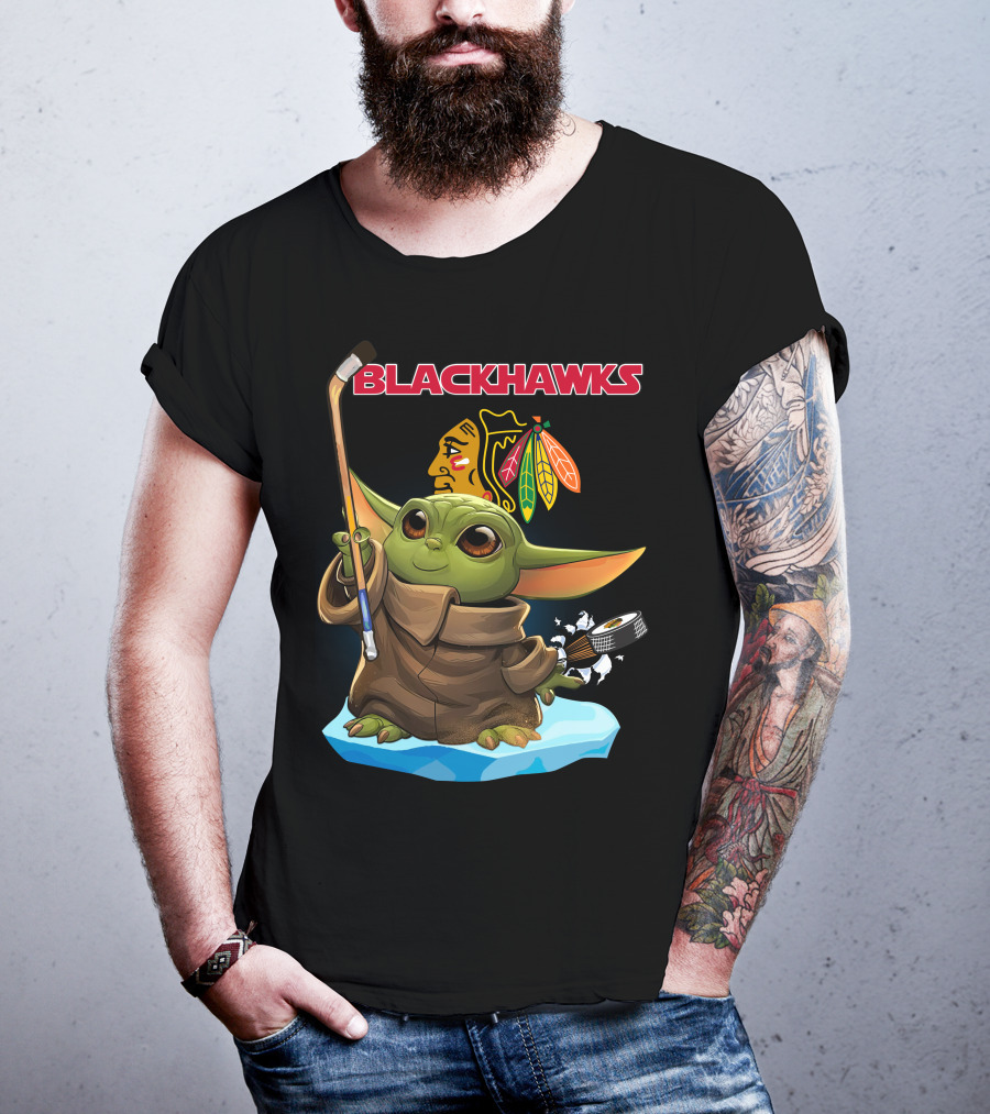 Baby Yoda Blackhawks Hockey Stick And Puck T-Shirt