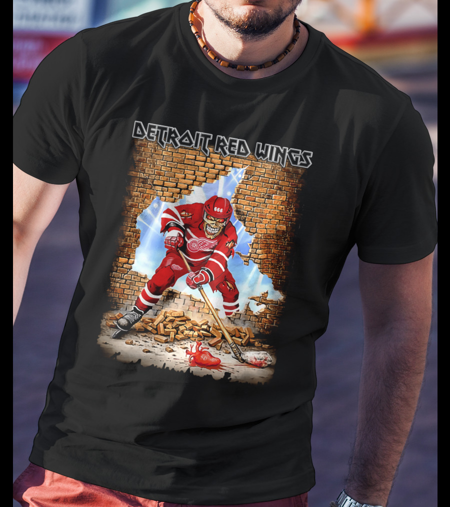 Detroit Red Wings Brick Wall Skeleton Hockey Player With Red Jersey And Ice Stick T-Shirt