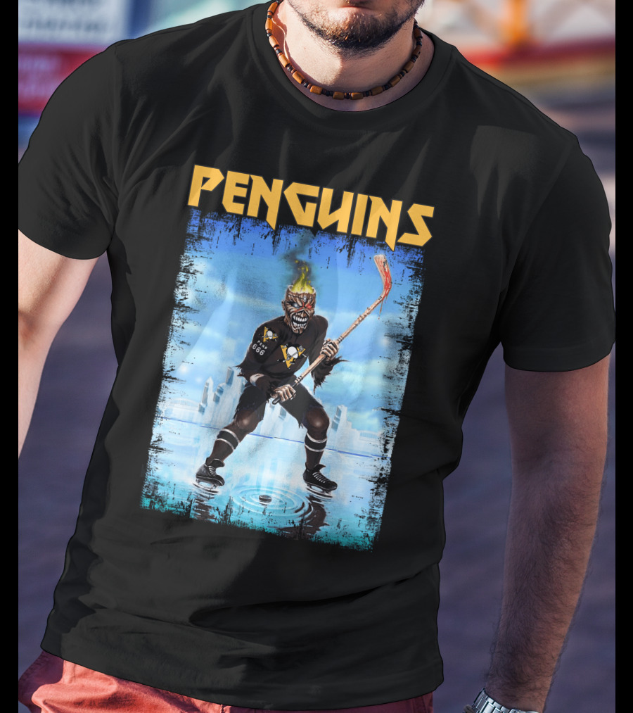 Penguins Hockey Skeleton With Flaming Skull And Hockey Stick In Pittsburgh Skyline T-Shirt