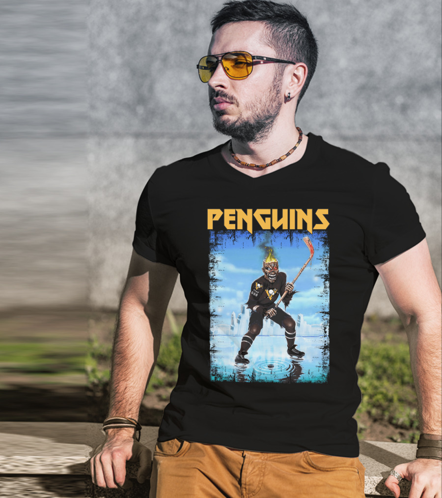 Penguins Hockey Skeleton With Flaming Skull And Hockey Stick In Pittsburgh Skyline T-Shirt
