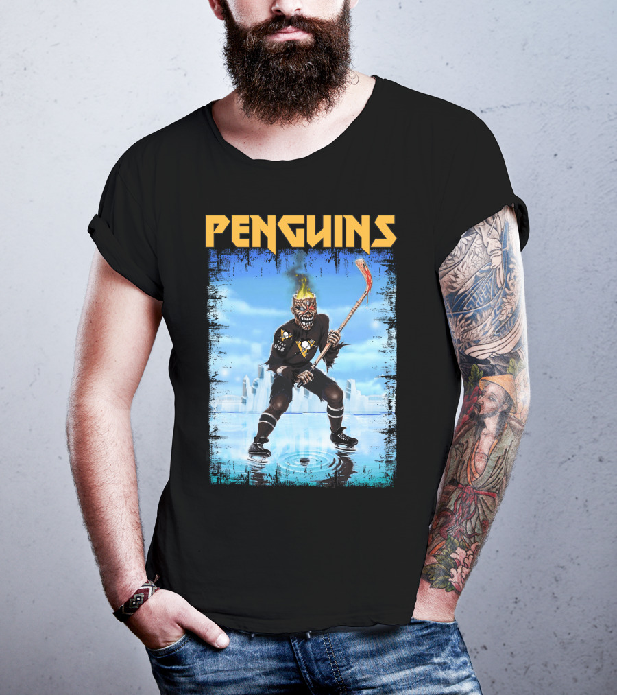 Penguins Hockey Skeleton With Flaming Skull And Hockey Stick In Pittsburgh Skyline T-Shirt