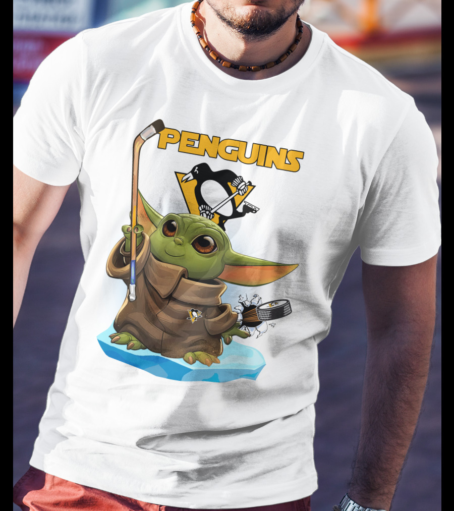 Baby Yoda Holding Hockey Stick With Pittsburgh Penguins T-Shirt
