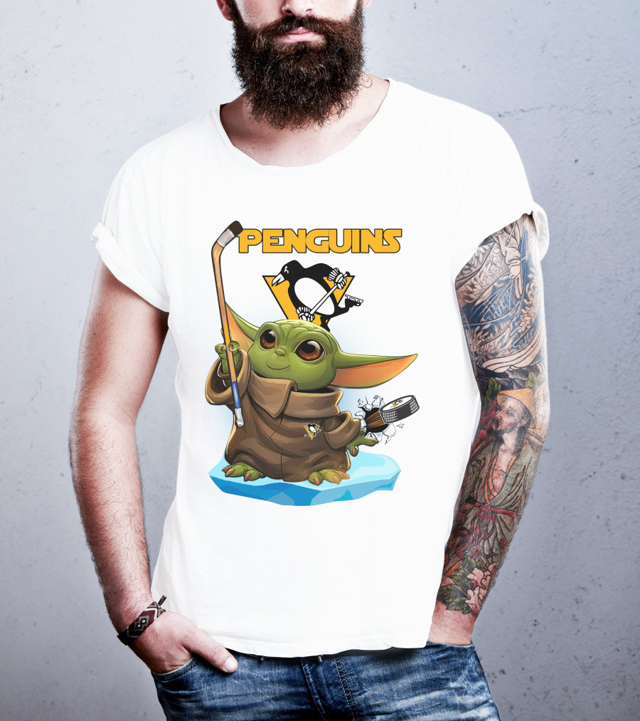 Baby Yoda Holding Hockey Stick With Pittsburgh Penguins T-Shirt
