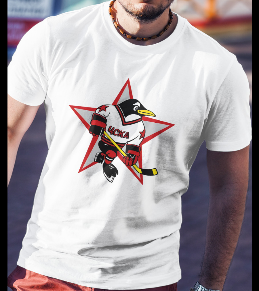 Цска Penguin Hockey Player With Red Star Ice Hockey Theme T-Shirt