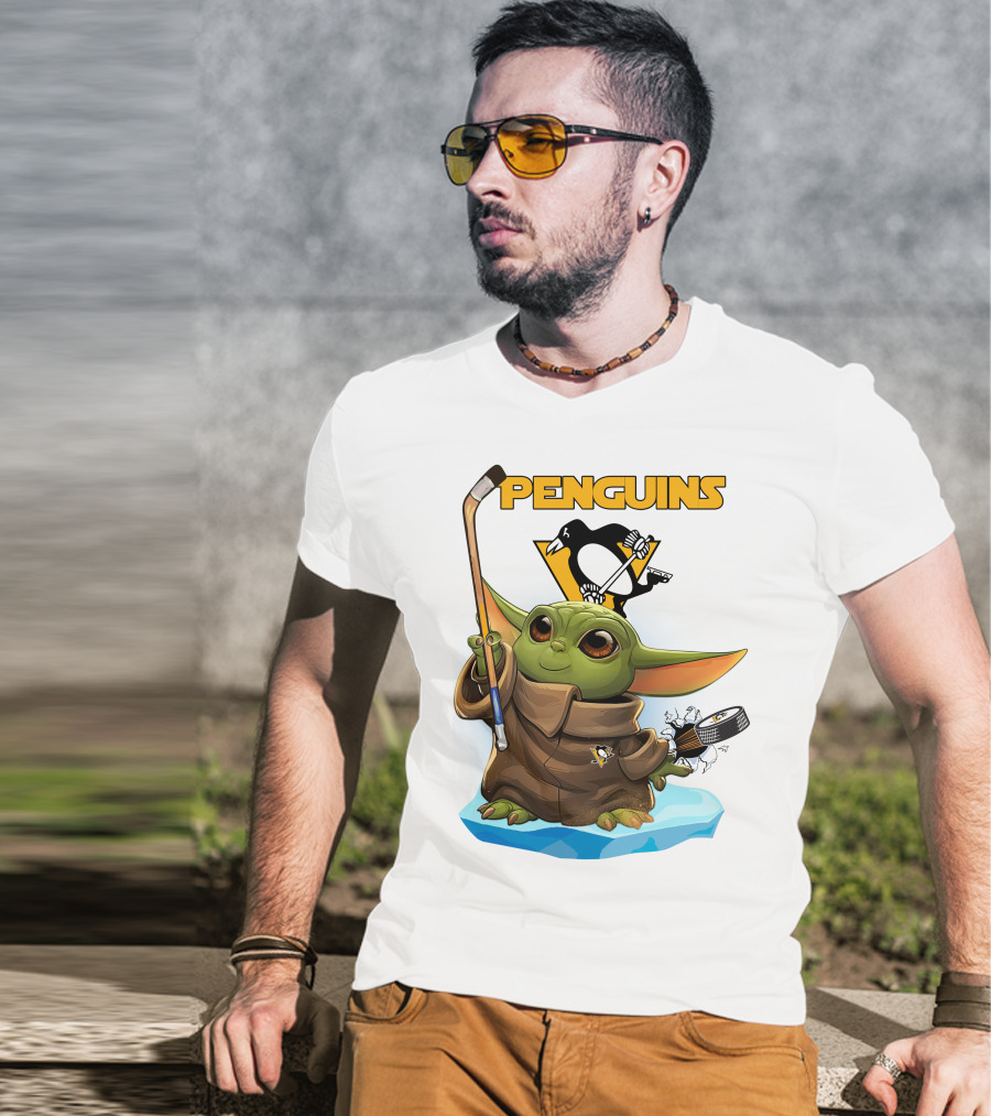 Baby Yoda Penguins Puck And Hockey Stick With Pittsburgh Penguins T-Shirt