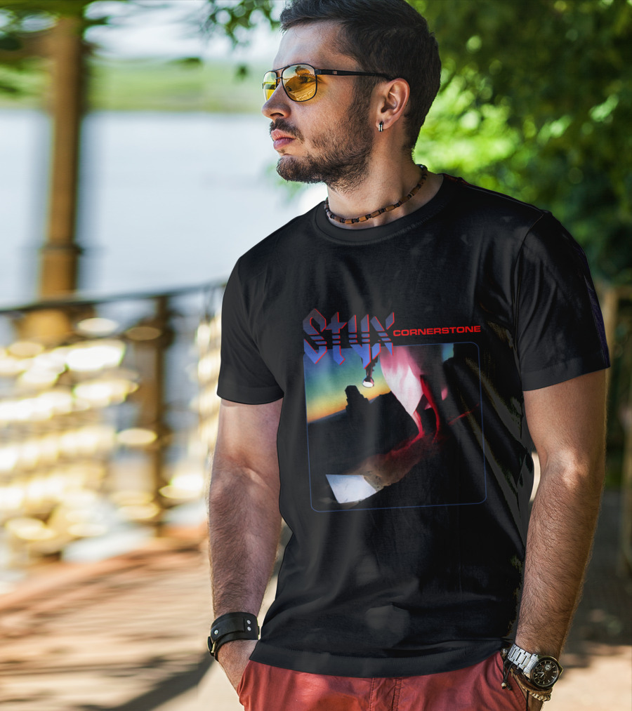 Styx Cornerstone Album Cover Art With Figure Holding Lantern At Sunset T-Shirt