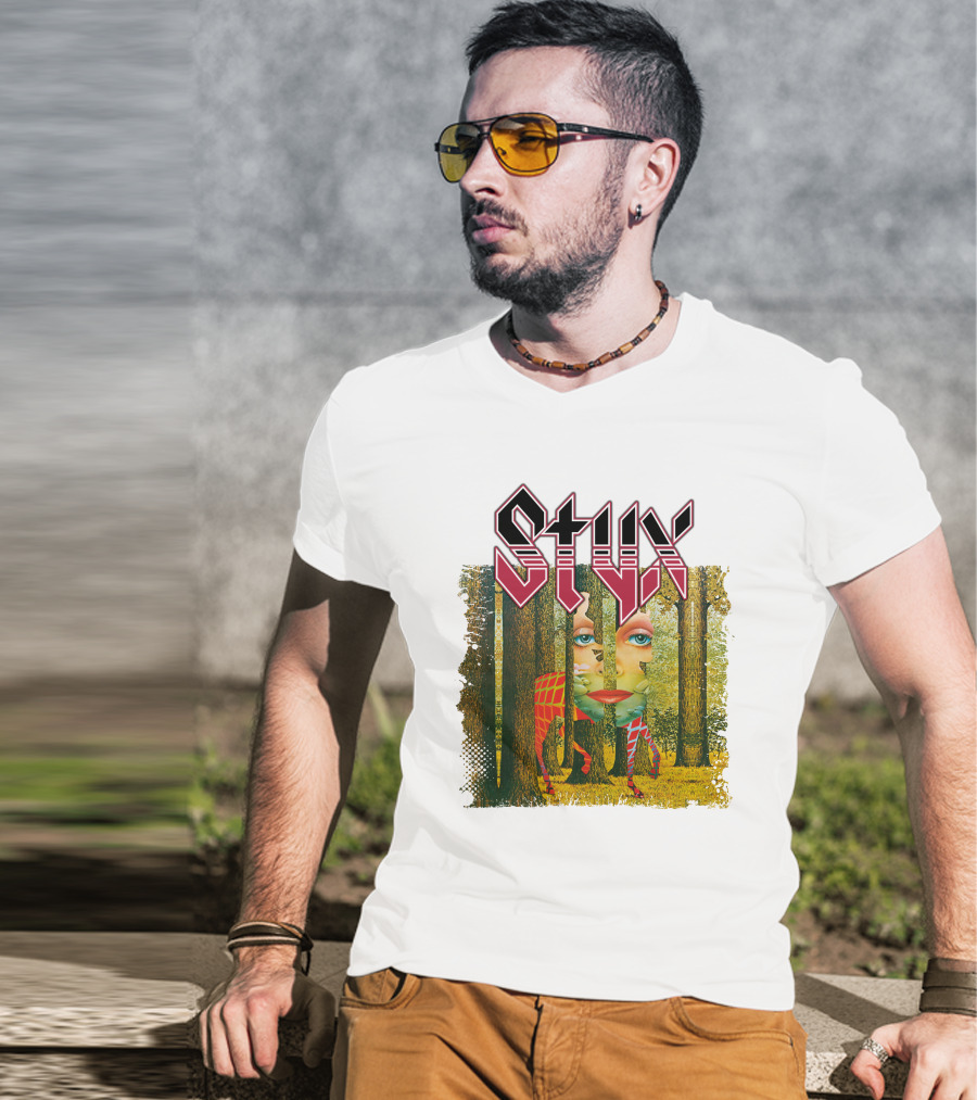 Styx Forest Face With Stylized Red Typography T-Shirt
