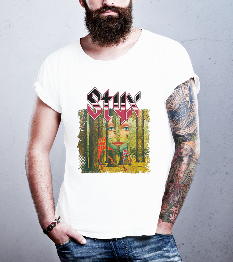 Styx Forest Face With Stylized Red Typography T-Shirt