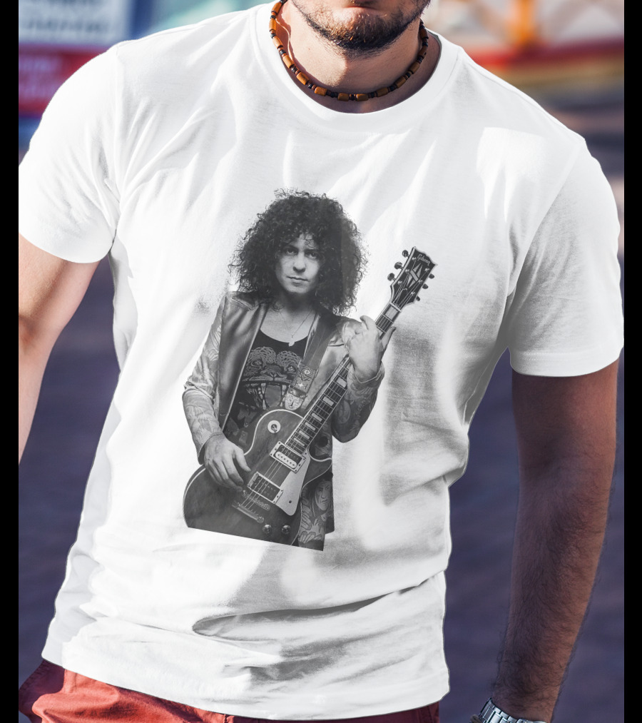 Marc Bolan With Gibson Les Paul Guitar Iconic Black And White T-Shirt