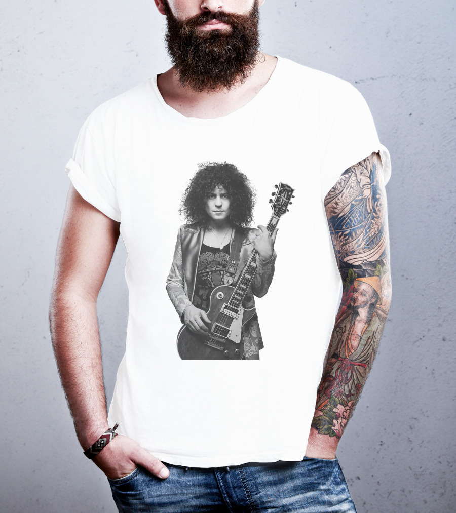 Marc Bolan With Gibson Les Paul Guitar Iconic Black And White T-Shirt