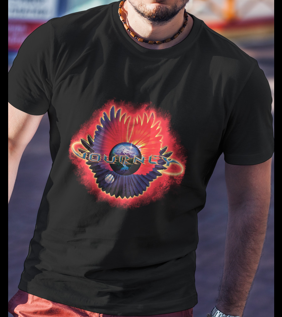 Journey Band Logo With Planet And Red-Blue Wings T-Shirt