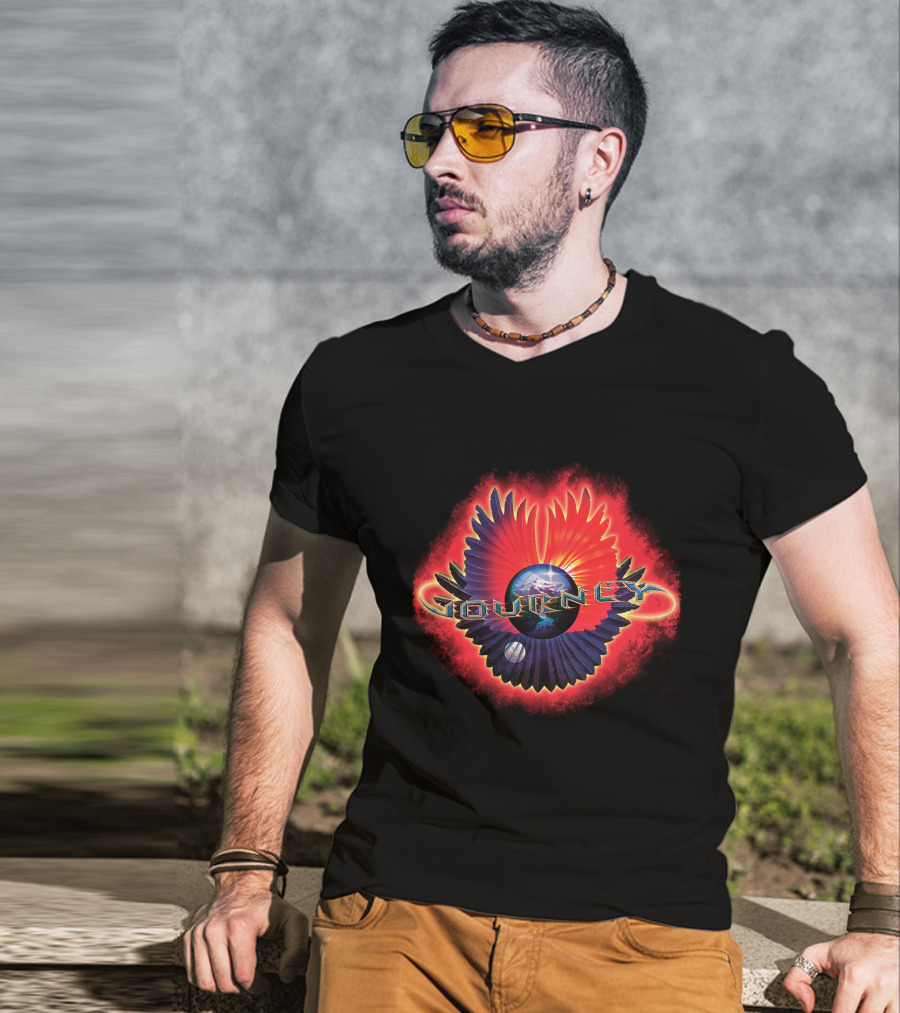 Journey Band Logo With Planet And Red-Blue Wings T-Shirt