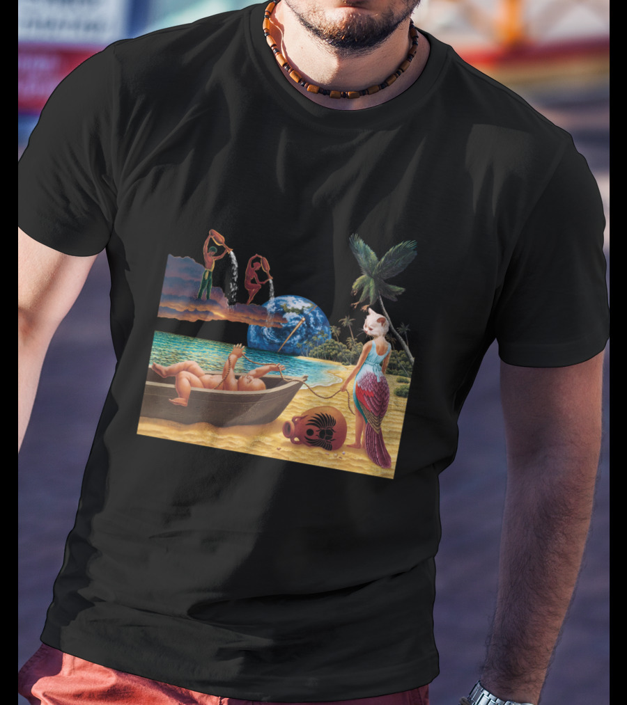 Cosmic Beach Scene With Mermaid And Planet Earth T-Shirt