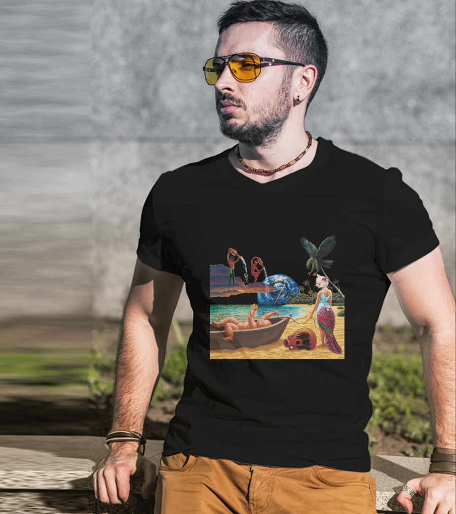 Cosmic Beach Scene With Mermaid And Planet Earth T-Shirt