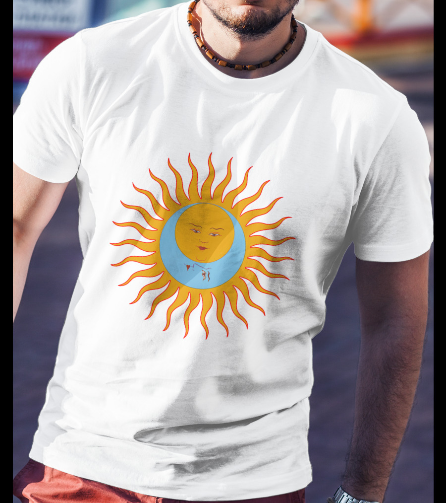 Crimson Red Sun Face Icon On Blue And Orange T-Shirt