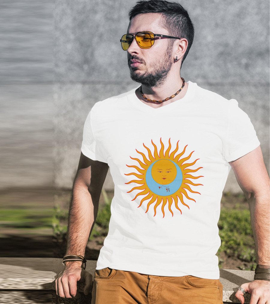 Crimson Red Sun Face Icon On Blue And Orange T-Shirt