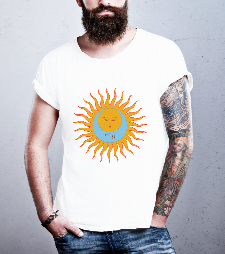 Crimson Red Sun Face Icon On Blue And Orange T-Shirt