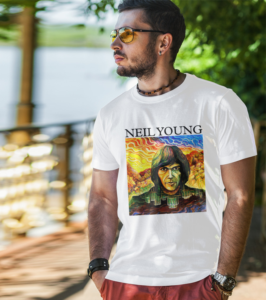 Neil Young Vibrant Portrait And Cityscape Fusion T-Shirt