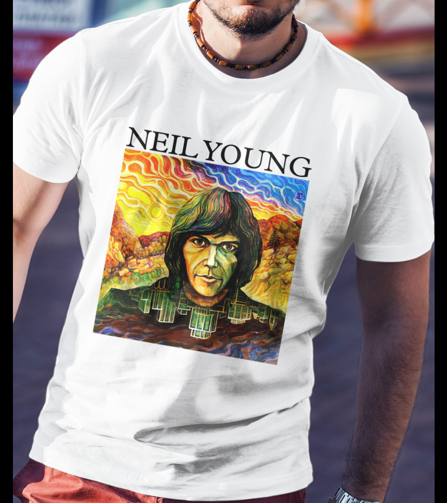Neil Young Vibrant Portrait And Cityscape Fusion T-Shirt