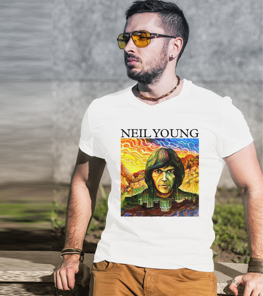 Neil Young Vibrant Portrait And Cityscape Fusion T-Shirt