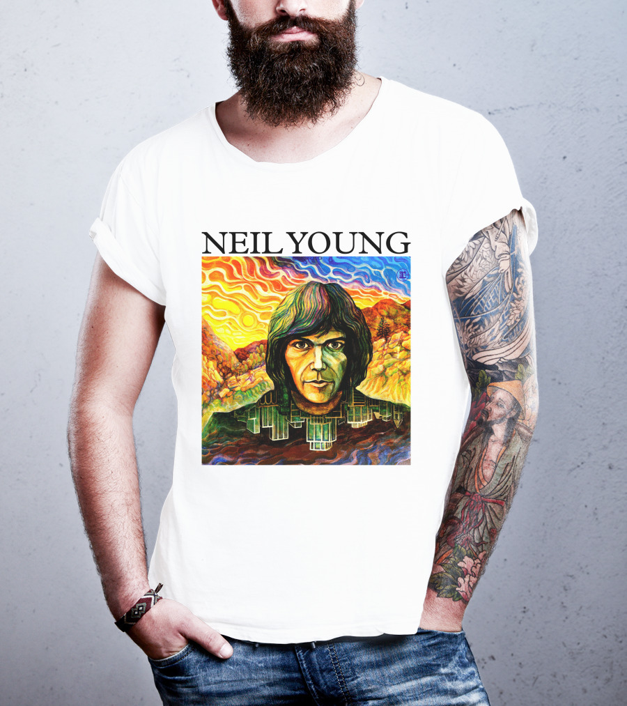Neil Young Vibrant Portrait And Cityscape Fusion T-Shirt