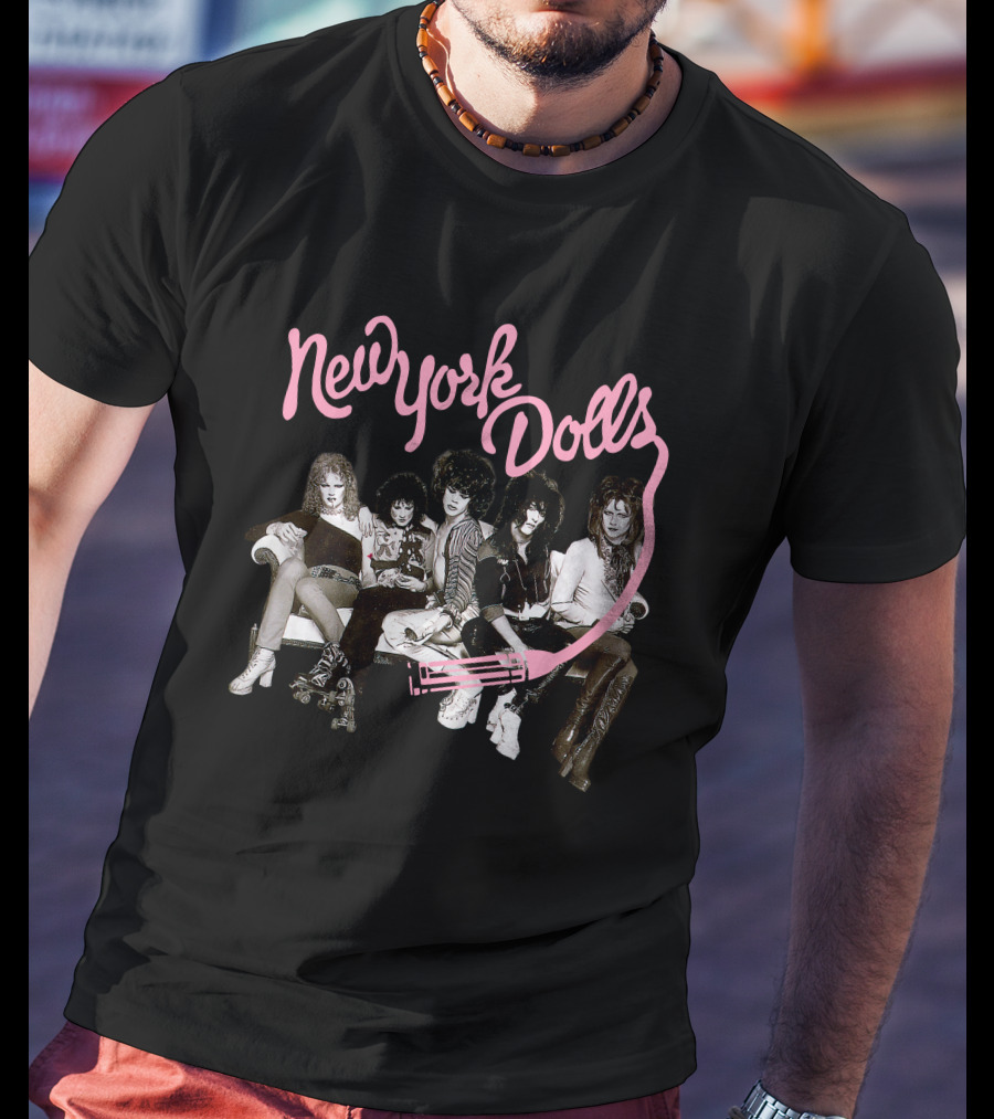 New York Dolls Band Pink Logo And Group Photo T-Shirt