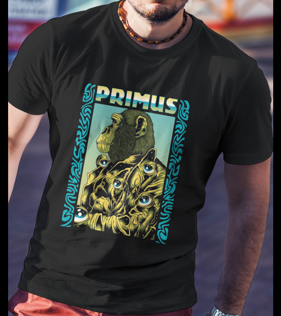 Primus Surrealist Monkey With Eyes And Tribal Border T-Shirt