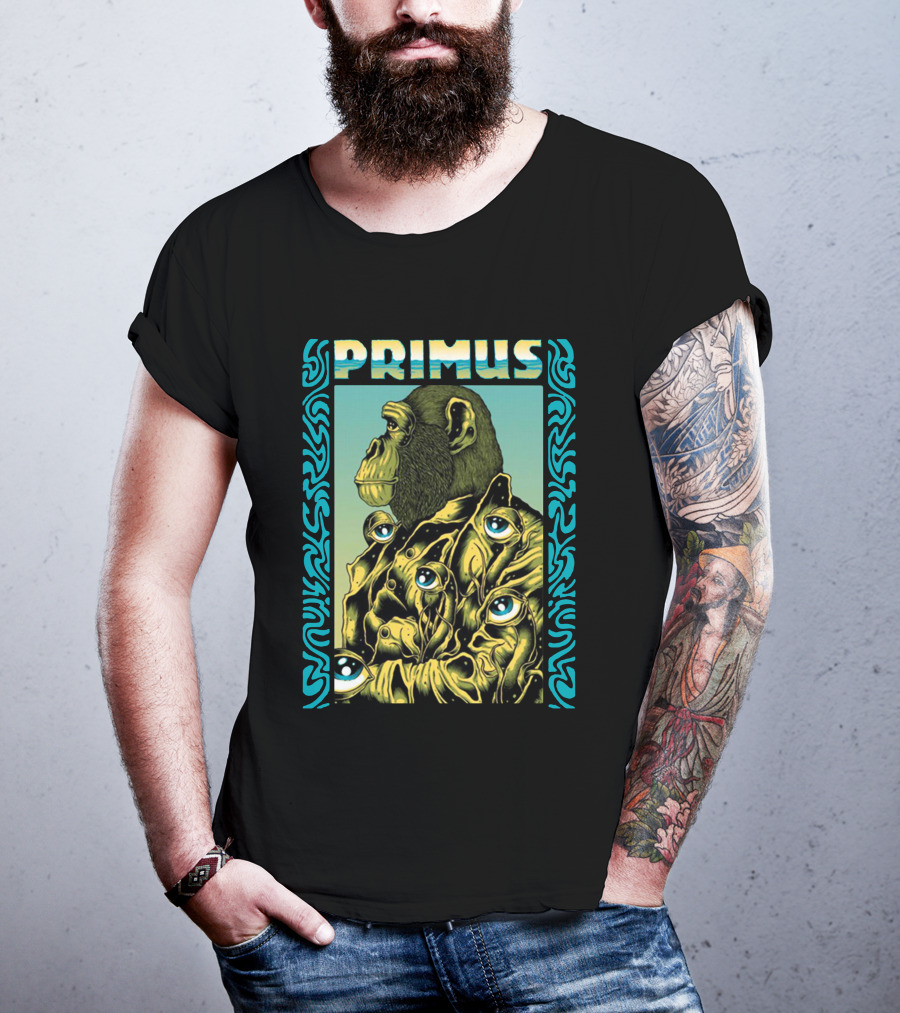 Primus Surrealist Monkey With Eyes And Tribal Border T-Shirt