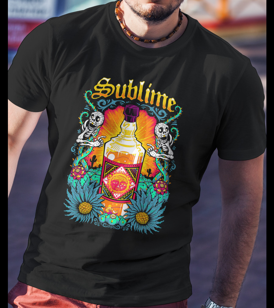 Sublime Skeletons And Cactus With Bottle Sunburst T-Shirt