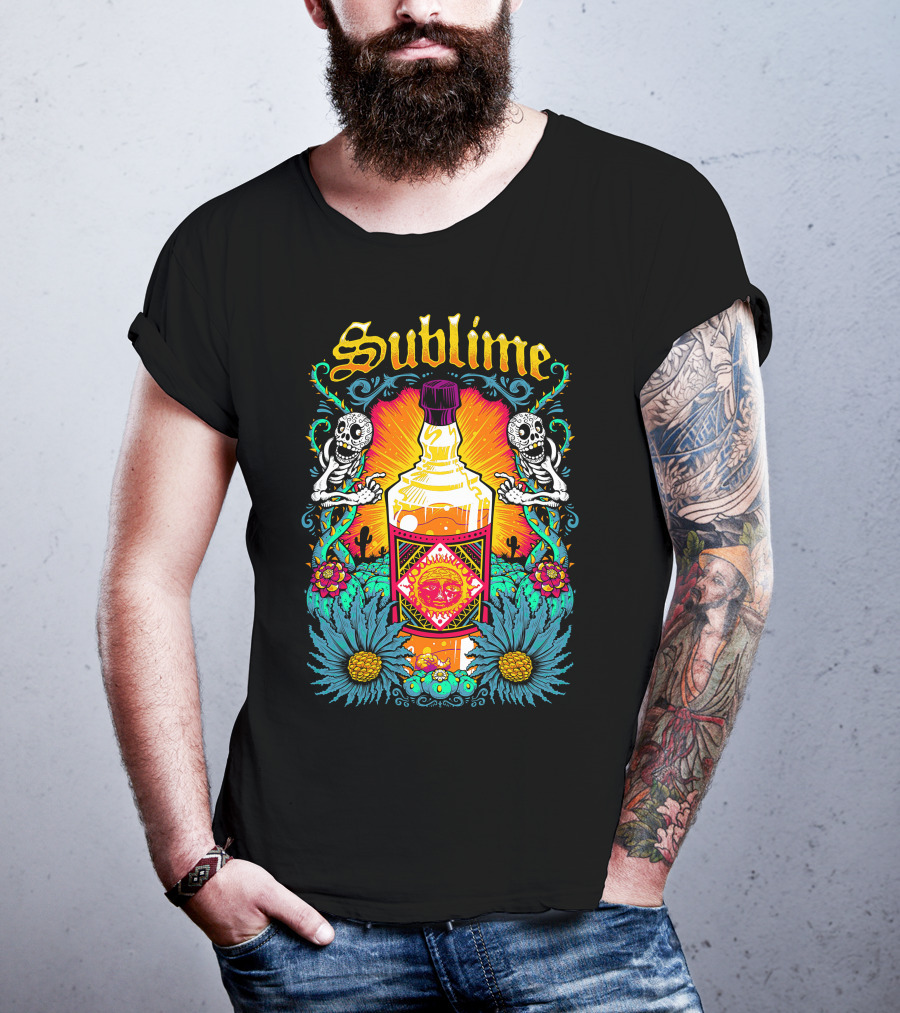Sublime Skeletons And Cactus With Bottle Sunburst T-Shirt
