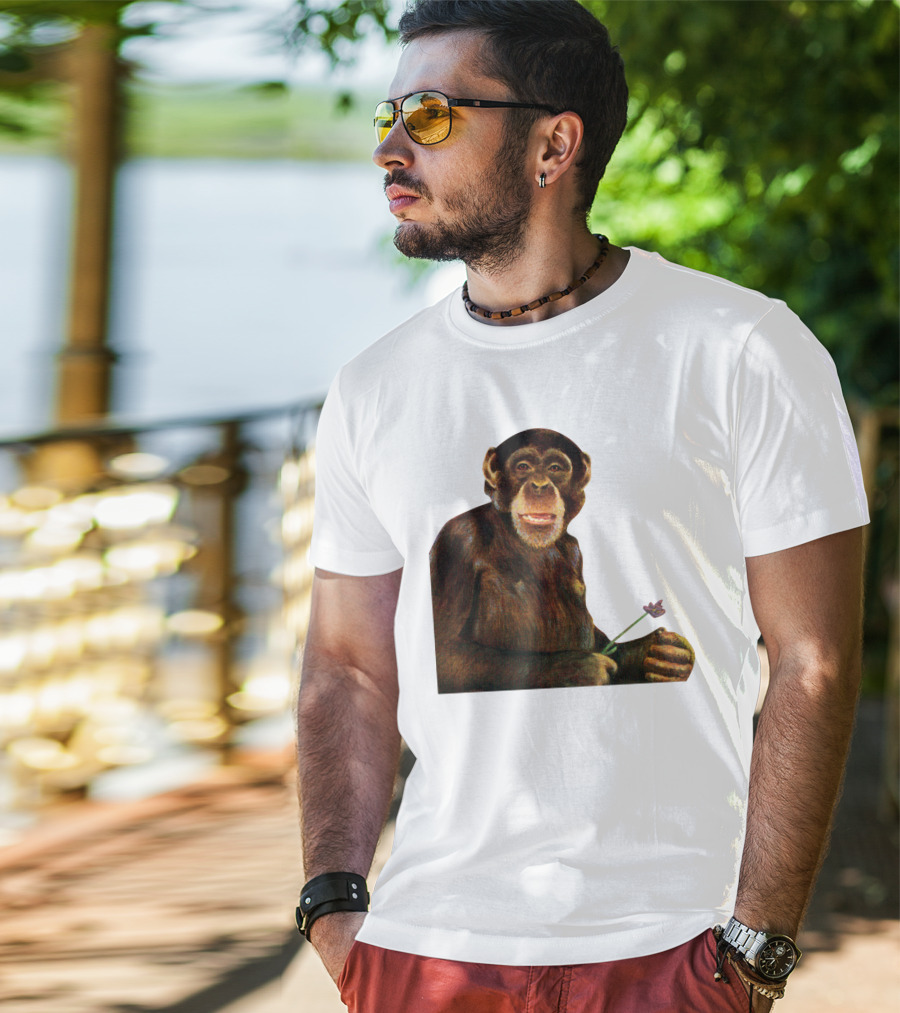 Chimpanzee Holding Purple Flower T-Shirt