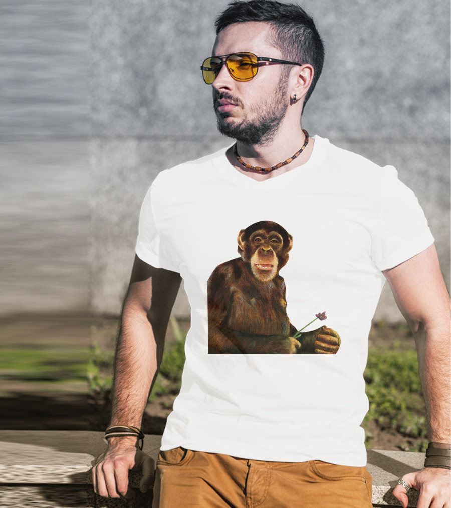 Chimpanzee Holding Purple Flower T-Shirt