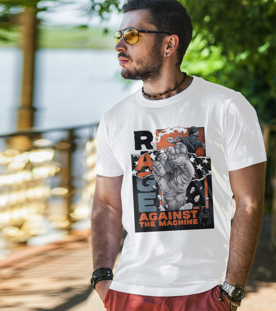 Rage Against The Machine Fist With Star Pattern And Hooded Figure T-Shirt