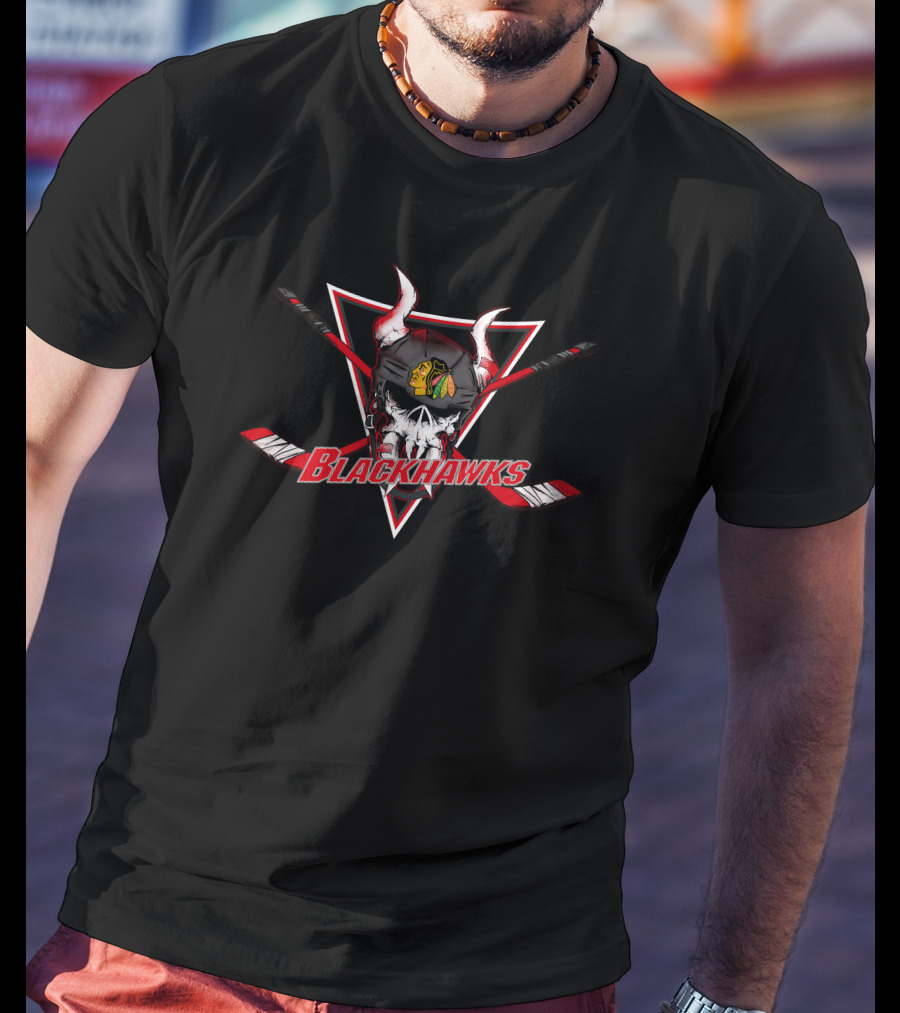 Chicago Blackhawks Skull Helmet With Crossed Hockey Sticks T-Shirt