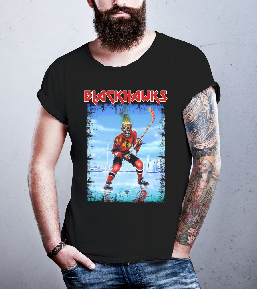 Blackhawks Ice Hockey Skeleton Player With Flaming Head And Hockey Stick T-Shirt