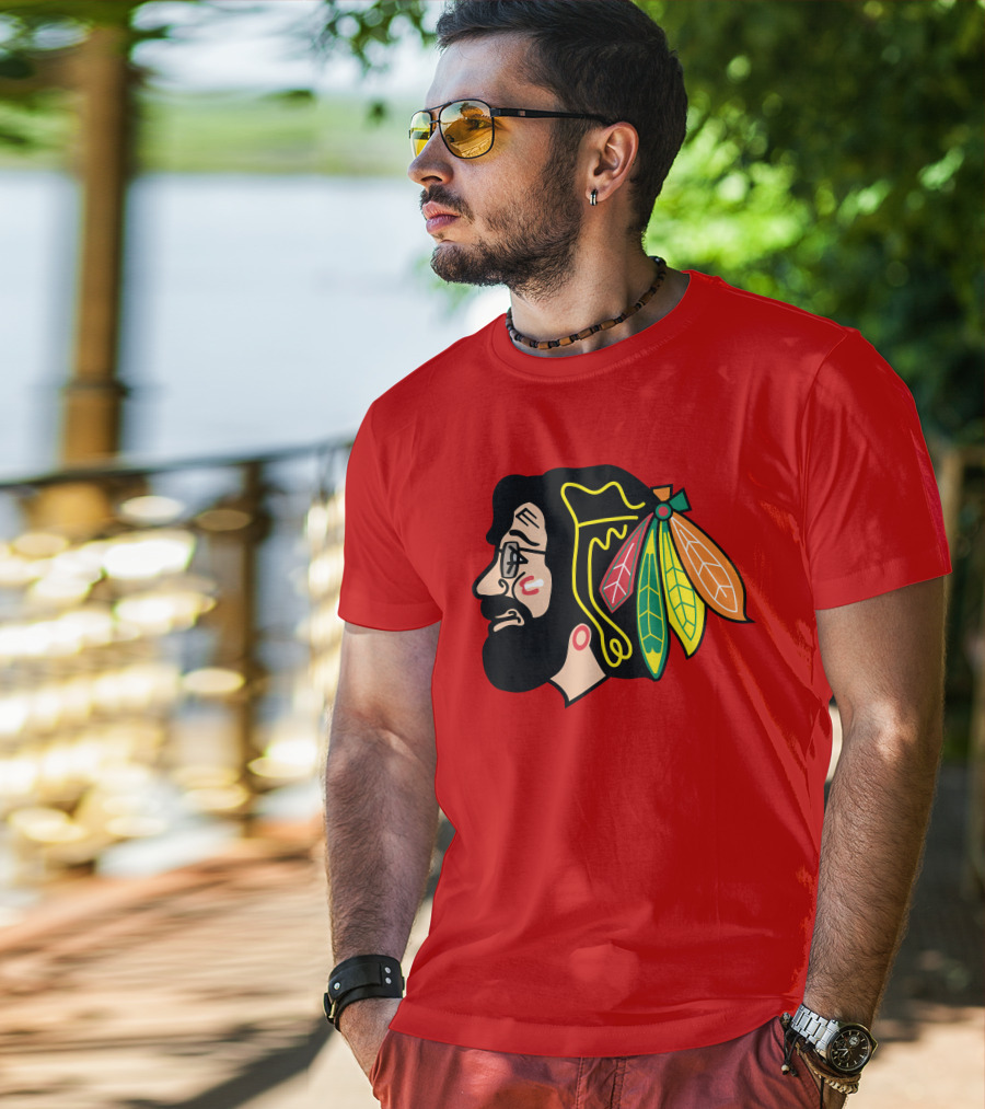 Chicago Blackhawks 1 Portrait With Feathered Headdress On Red T-Shirt