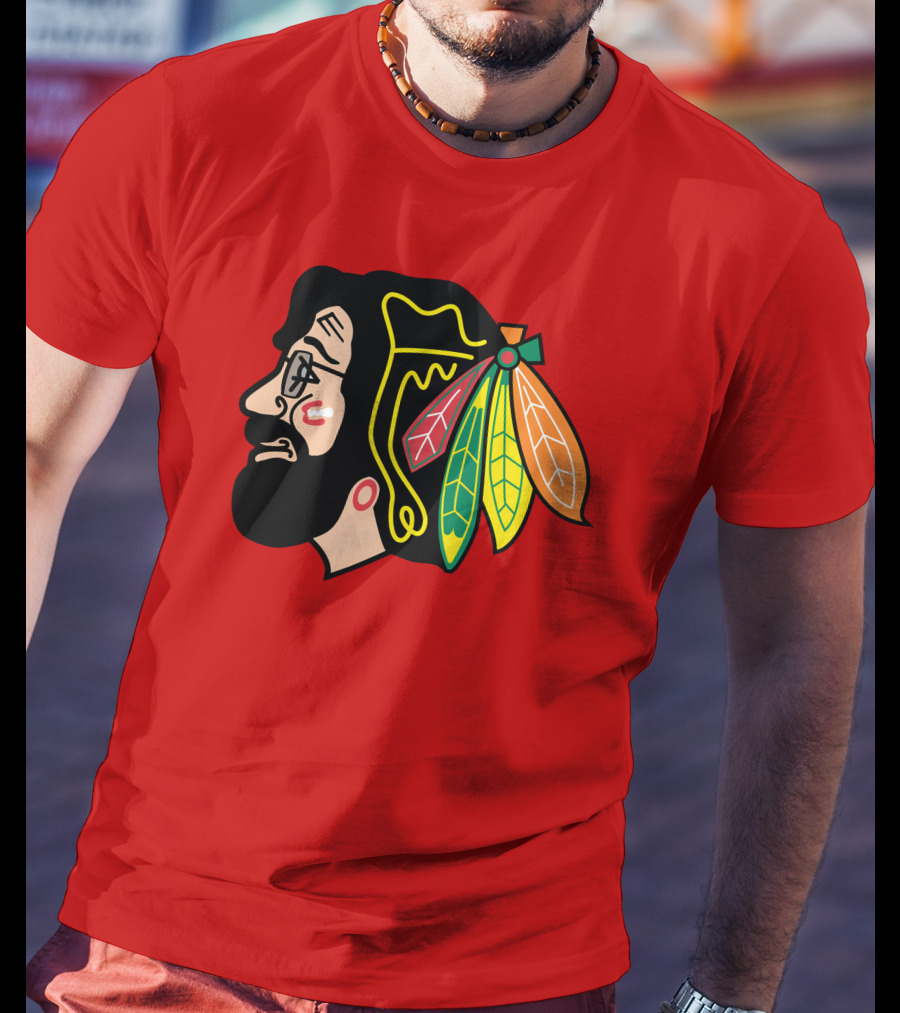 Chicago Blackhawks 1 Portrait With Feathered Headdress On Red T-Shirt