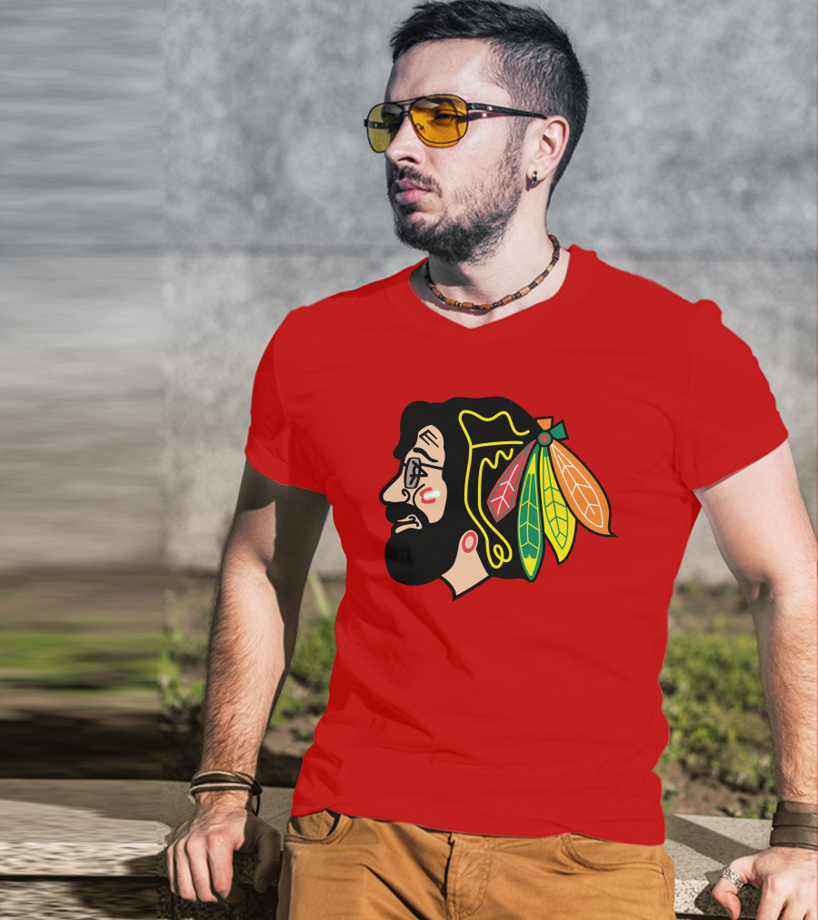 Chicago Blackhawks 1 Portrait With Feathered Headdress On Red T-Shirt