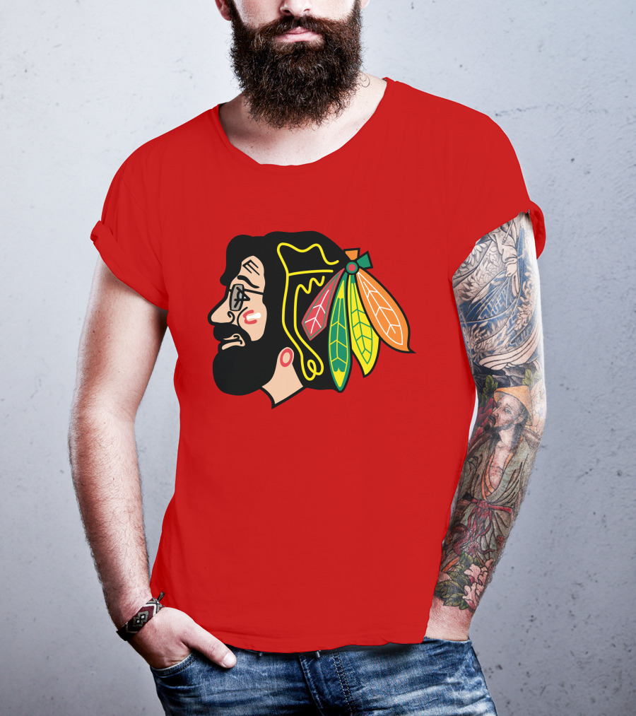 Chicago Blackhawks 1 Portrait With Feathered Headdress On Red T-Shirt