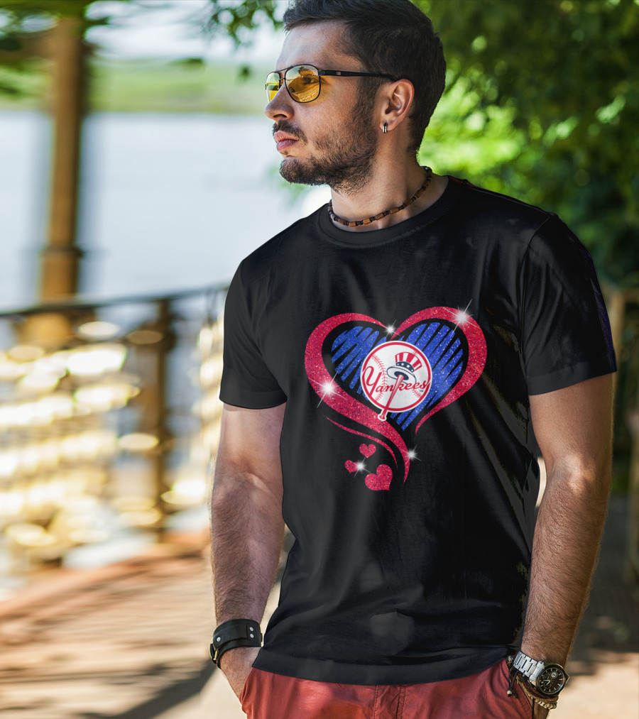 Yankees Shimmering Heart Design With Baseball Logo And Sparkling Red And Blue Elements T-Shirt