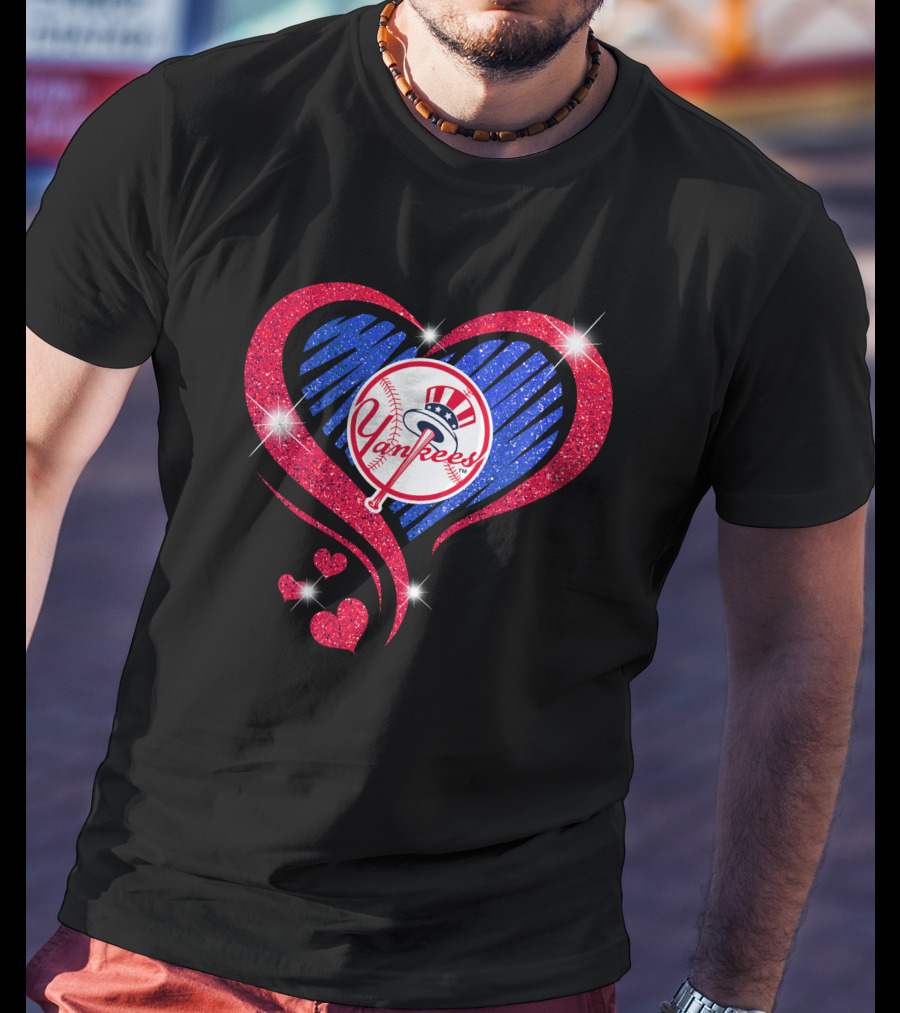 Yankees Shimmering Heart Design With Baseball Logo And Sparkling Red And Blue Elements T-Shirt