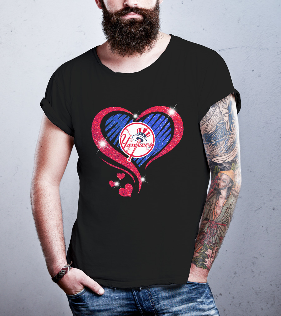 Yankees Shimmering Heart Design With Baseball Logo And Sparkling Red And Blue Elements T-Shirt