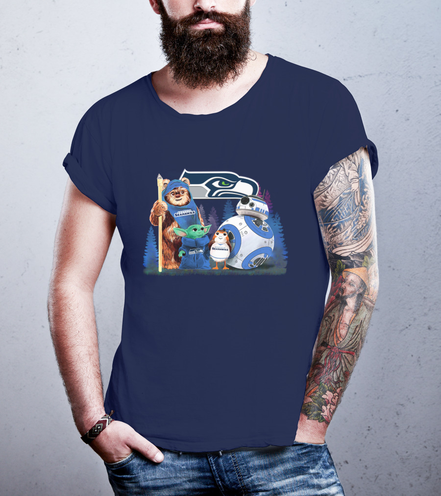 Star Wars Seahawks Ewok Baby Yoda BB-8 Porg Team T-Shirt