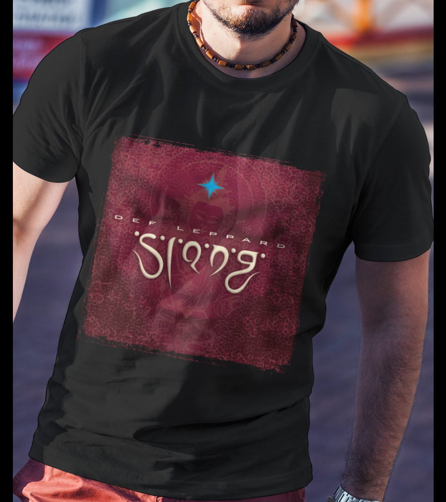 Def Leppard Slang Album Cover With Blue Star And Red Patterned Background T-Shirt