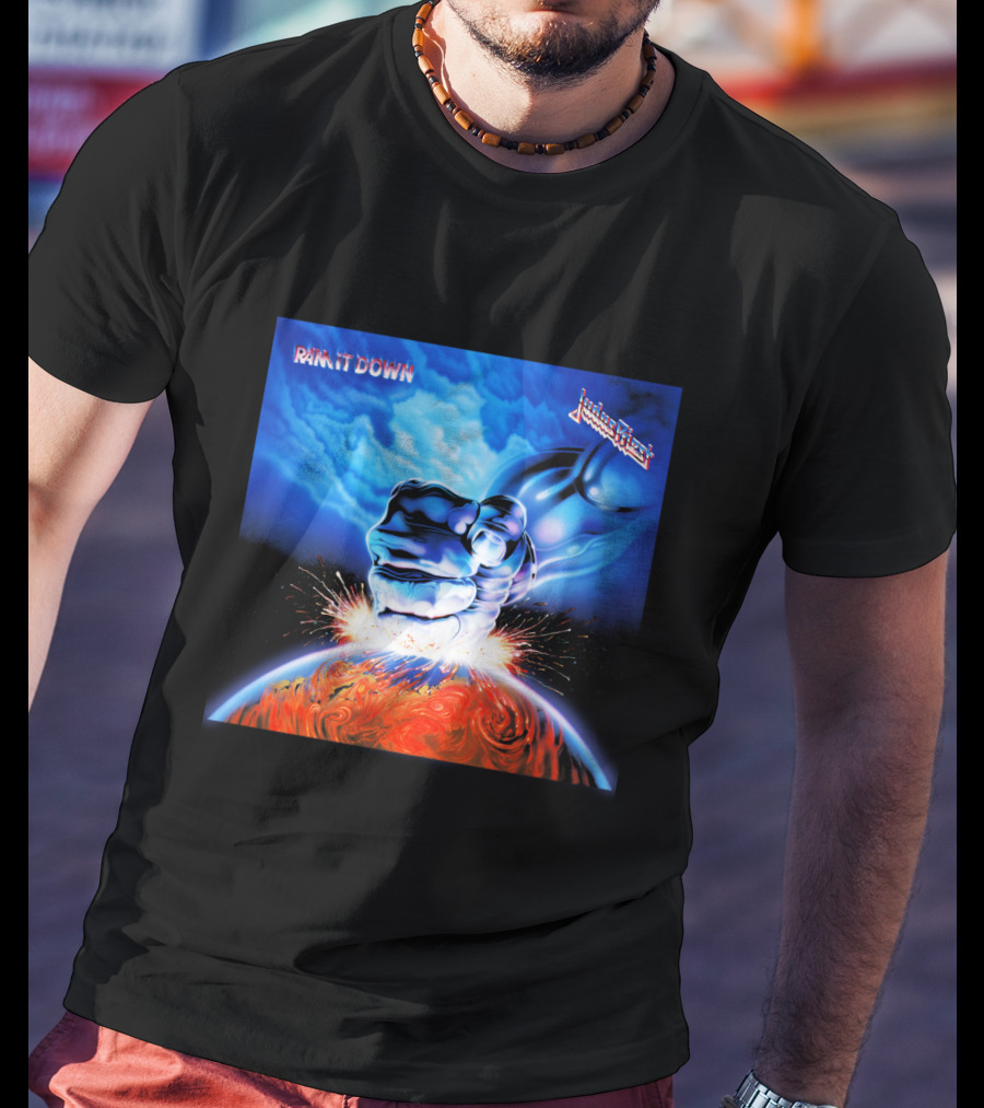Judas Priest Ram It Down Album Cover Fiery Earth Fist Explosion T-Shirt