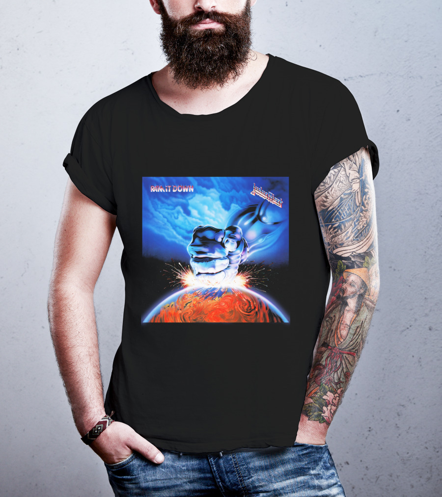 Judas Priest Ram It Down Album Cover Fiery Earth Fist Explosion T-Shirt